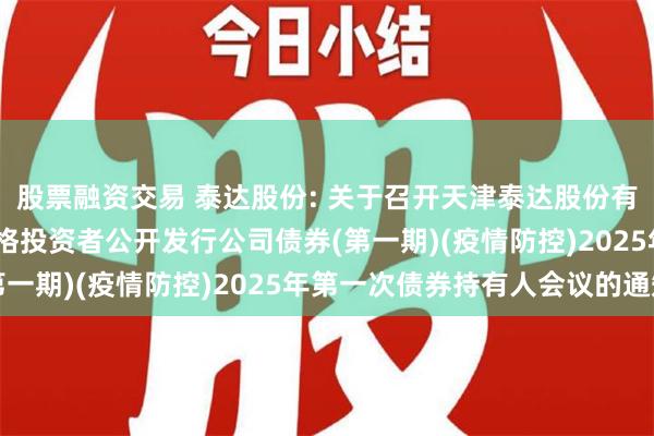 股票融资交易 泰达股份: 关于召开天津泰达股份有限公司2020年面向合格投资者公开发行公司债券(第一期)(疫情防控)2025年第一次债券持有人会议的通知